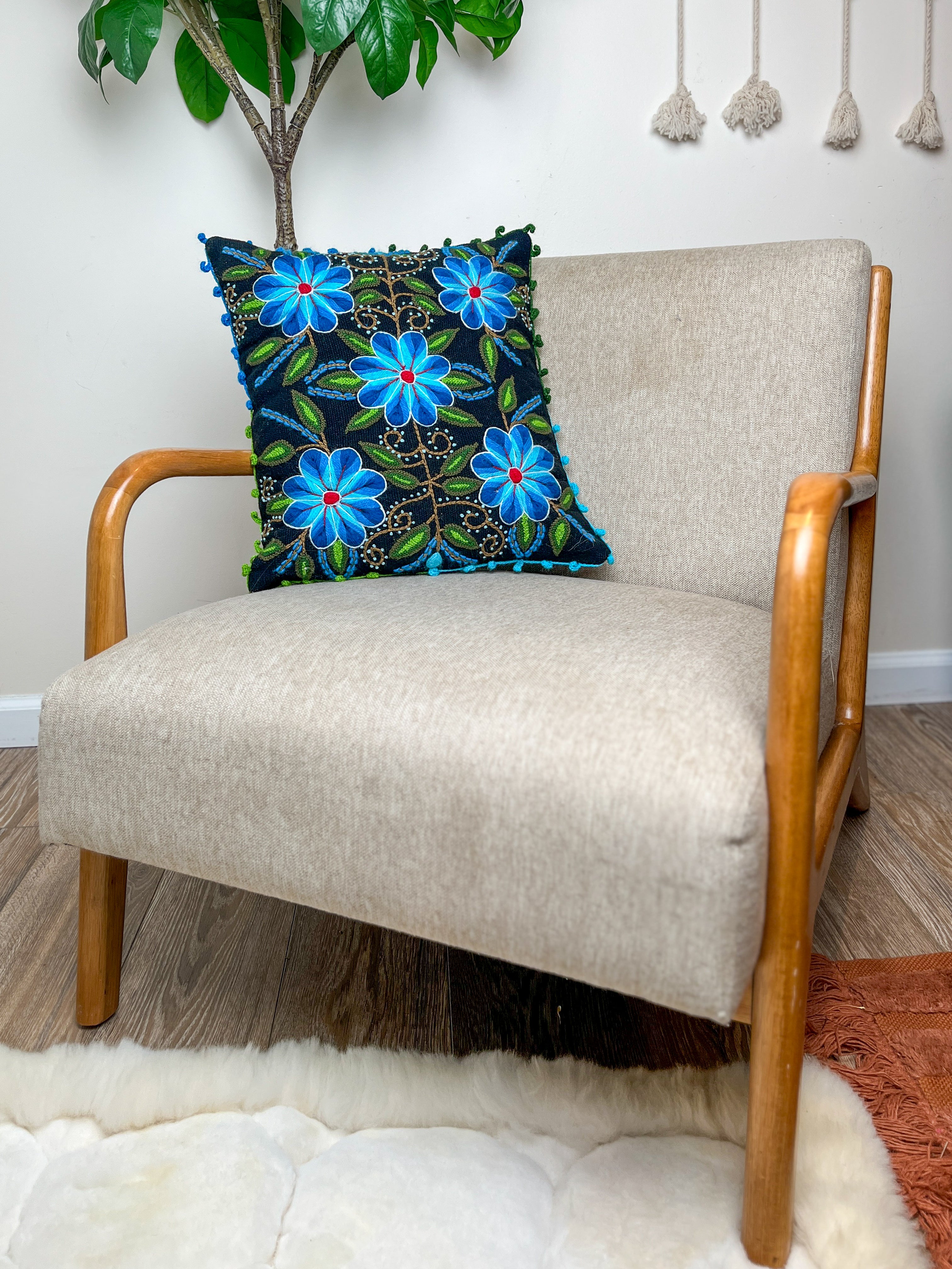 Floral Embroidered Pillowcase, Black Teal image 3