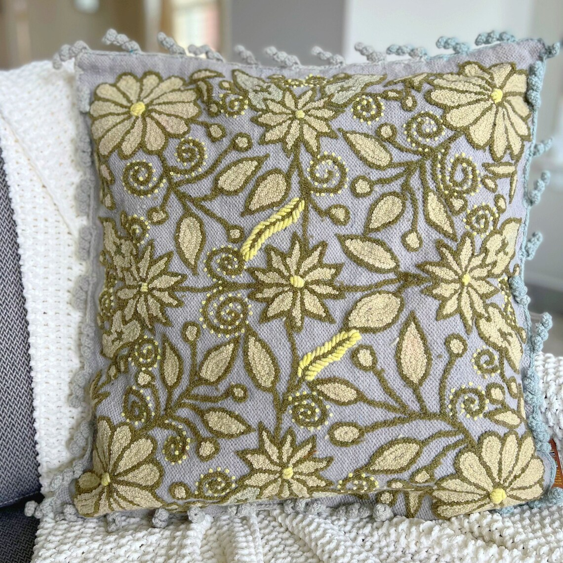 Diosa Pillowcase Green, Floral Hand Embroidery Alpaca wool pillowcase, Peruvian image 0