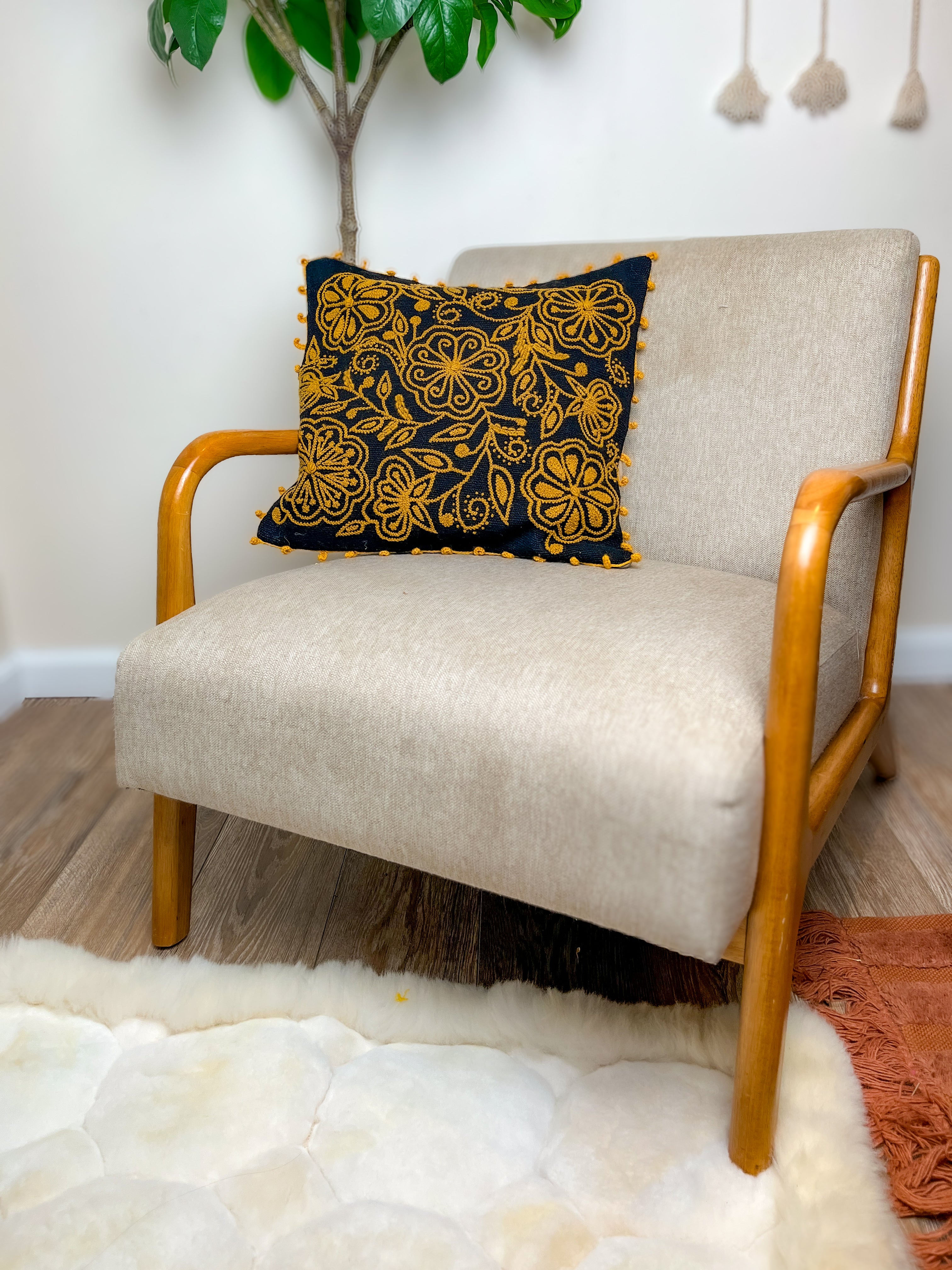 Floral Embroidered Pillowcase, Black Gold image 1