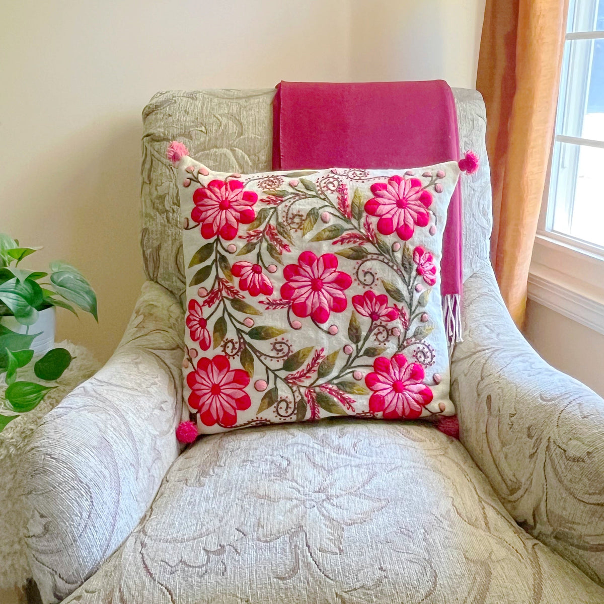 Floral Hand Embroidered Pillowcase, Coral image 0