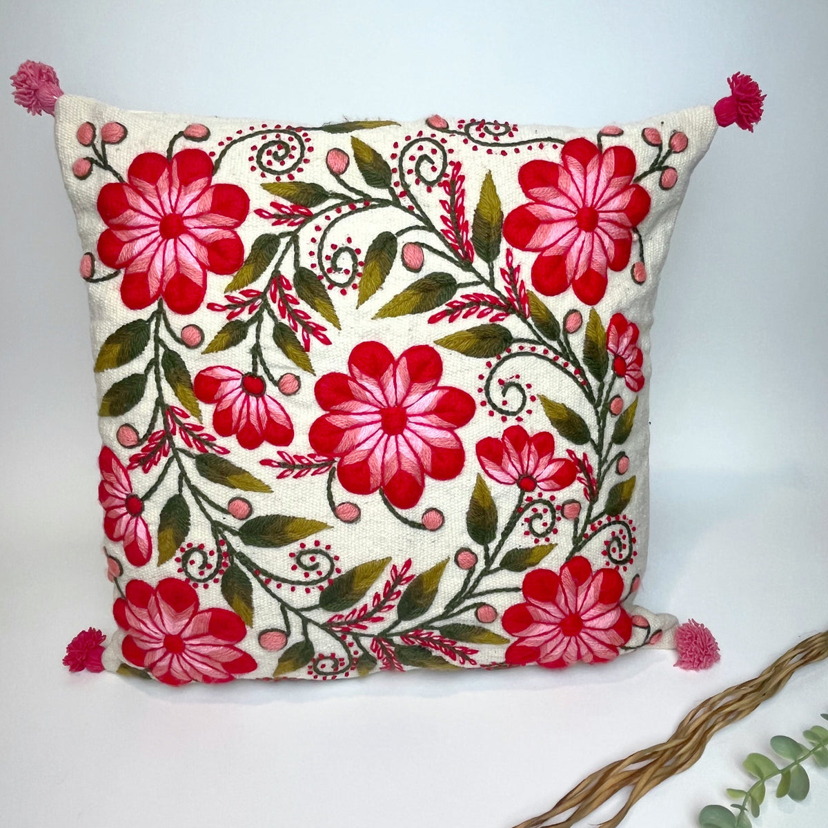 Floral Hand Embroidered Pillowcase, Coral image 1