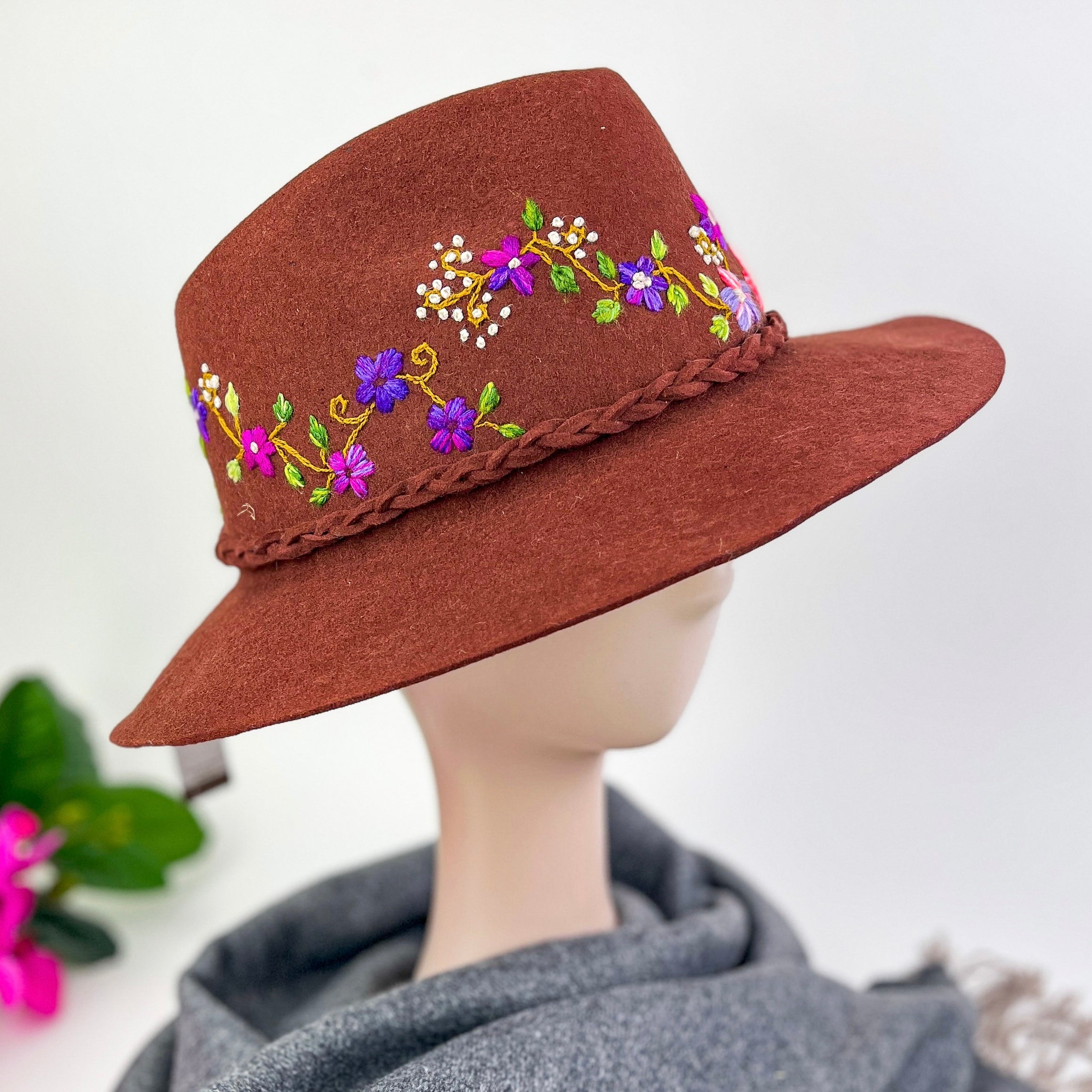 Embroidered Fedora Hat #26 Brown Lillac Flowers – Artesana Love